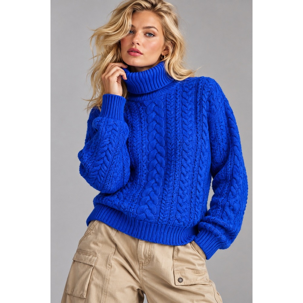 Lauren Ralph Lauren Royal Blue Cable Knit Fisherman Turtleneck Sweater S NWT